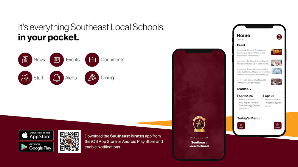 Screenshots from the new Southeast Local Schools app, with a QR code in the lower left. It's everything Southeast Local Schools, in your pocket